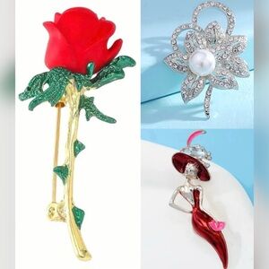 Elegant Brooch Bundle • Red Rose • Pearl Crystal Flower • Lady in Red Pin